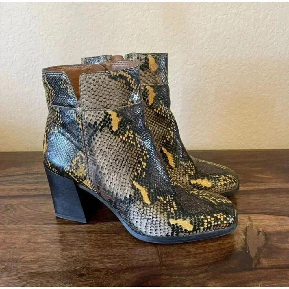 Franco Sarto Size 7M Generous Leather Snake Print Block women Heel Bootie